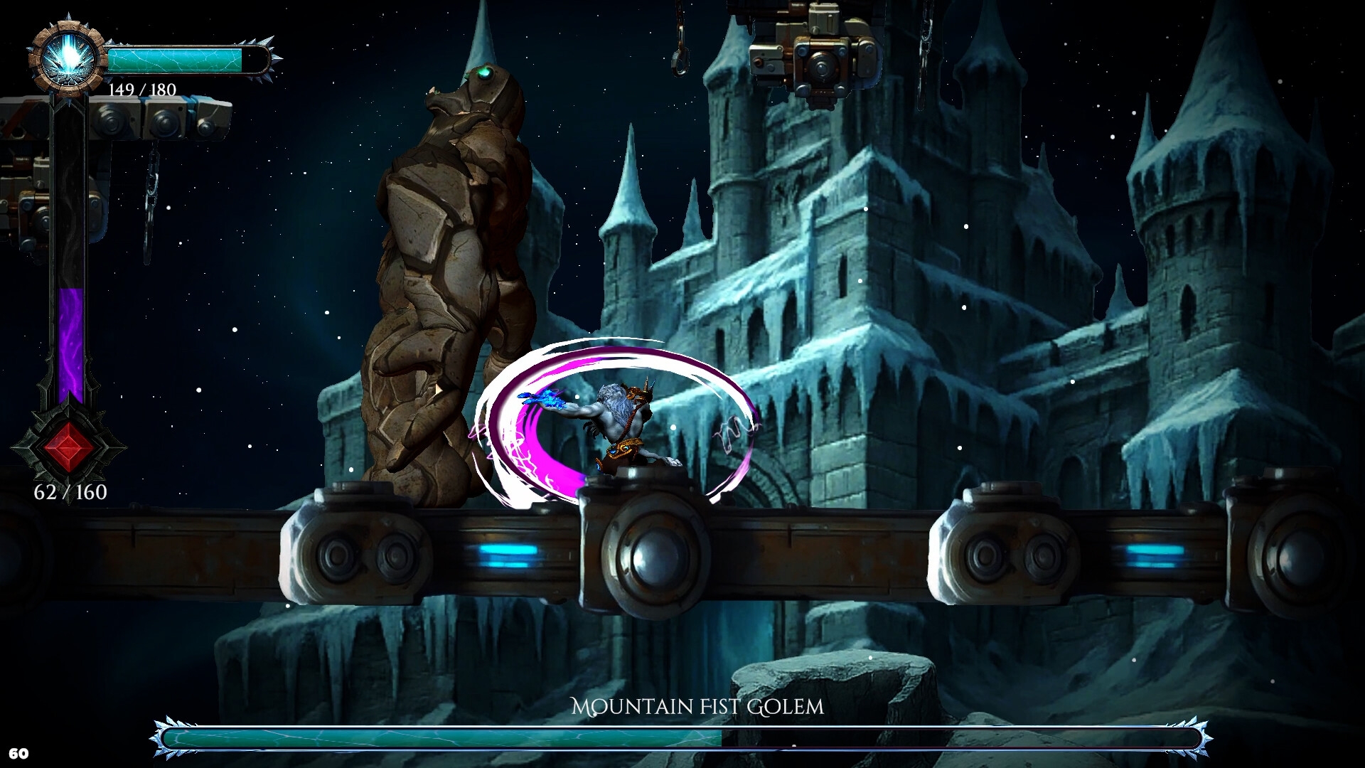 Blightened: the beast fights the Mountain Fist Golem before a frozen castle