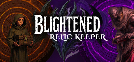 Blightened: Relic Keeper key art: a hooded archivist holding a chest beside a corrupted visitor