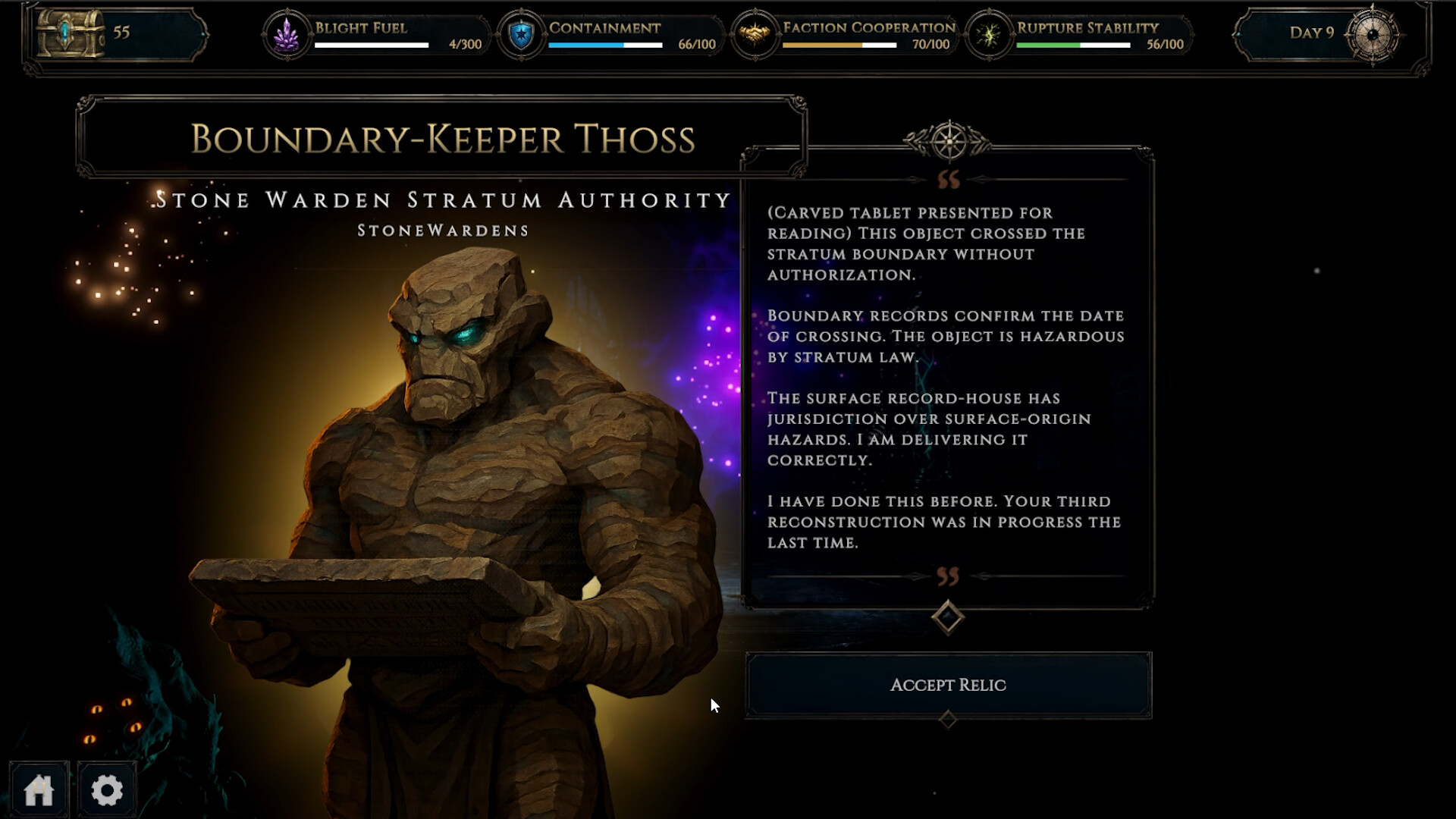 Relic Keeper: Boundary-Keeper Thoss, a stone warden holding a tablet